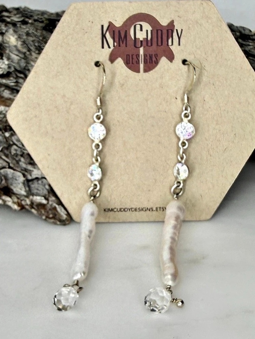 Long White Biwa Pearl Drop Earrings, Natural Crystal Quartz, White Zircon Gemsto